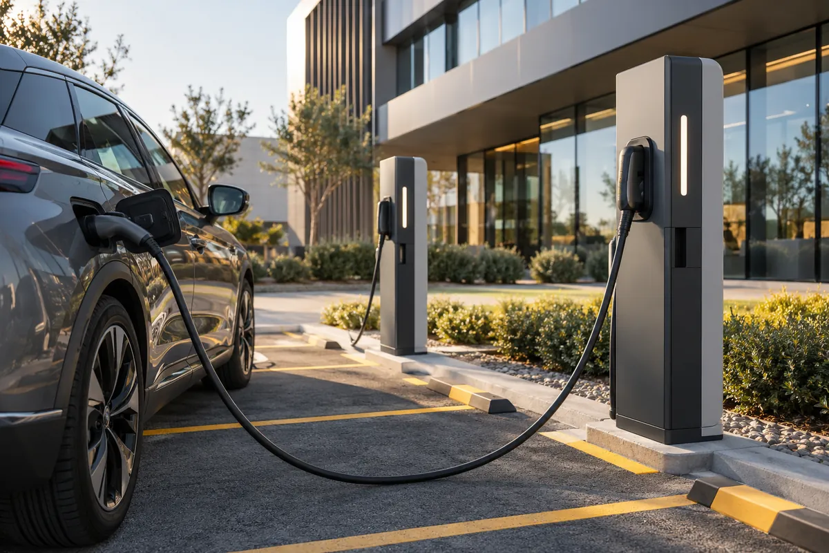 Immagine illustrativa: un'auto elettrica in carica a una colonnina, nel parcheggio di un'azienda