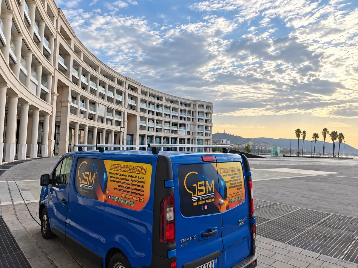 Il furgone blu di G.S.M. Tecnoimpianti con l'adesivo dell'azienda, davanti a un palazzo a semicerchio con le palme