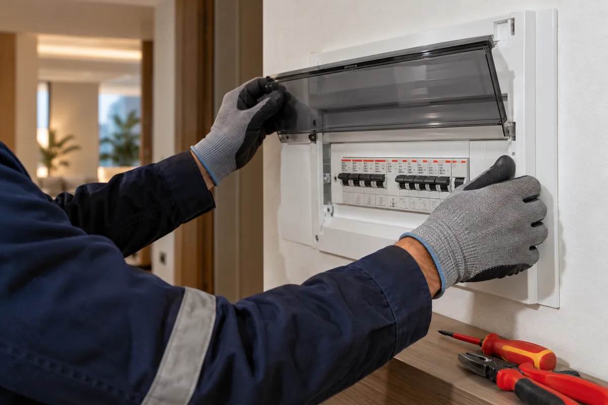 Immagine illustrativa: un elettricista coi guanti al lavoro su un quadro elettrico