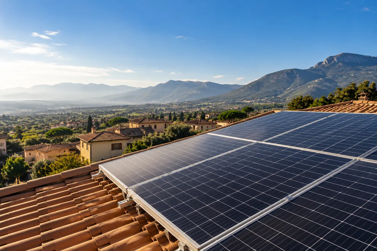Immagine illustrativa: pannelli fotovoltaici su un tetto di tegole, con le colline e il mare all'orizzonte