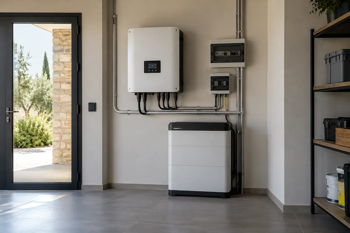 Immagine illustrativa: l'inverter e la batteria di accumulo montati a parete in un locale tecnico