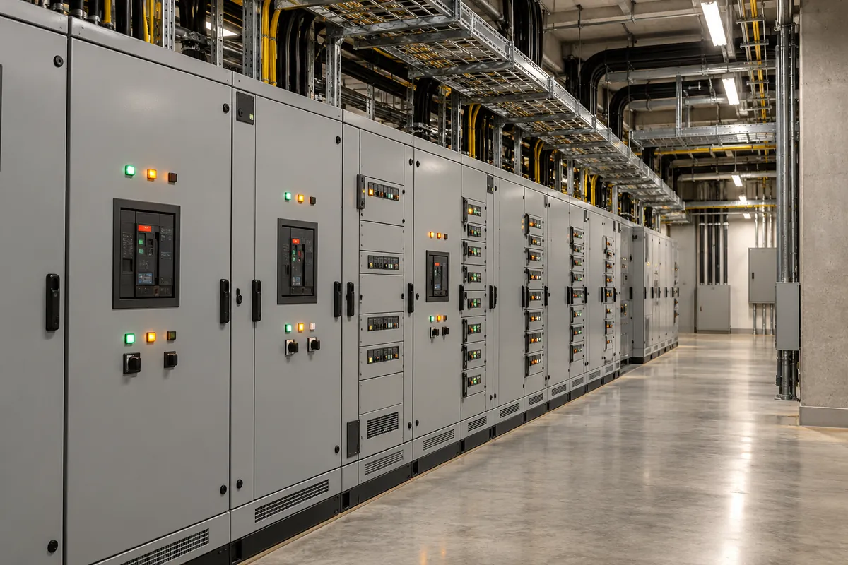 Immagine illustrativa: una fila di quadri elettrici industriali in un locale tecnico