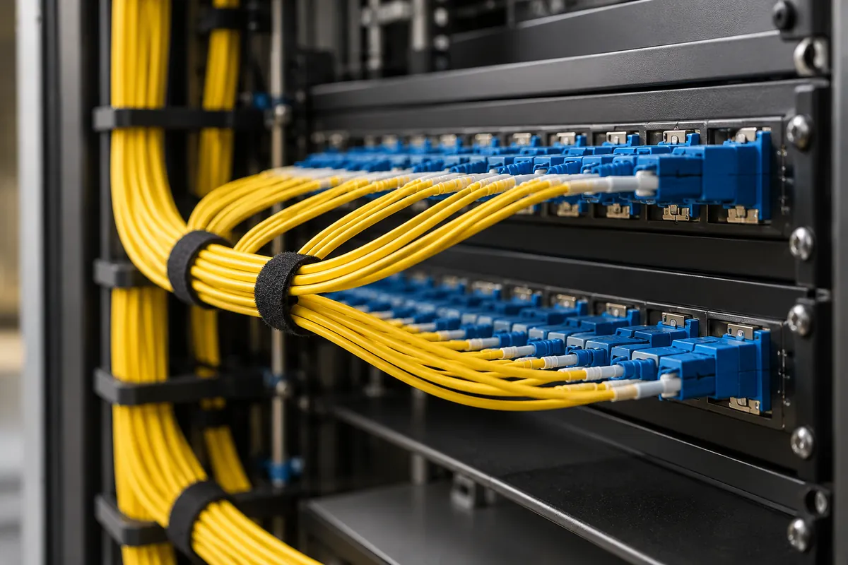 Immagine illustrativa: i cavi in fibra ottica gialli collegati ai cassetti di un armadio rack