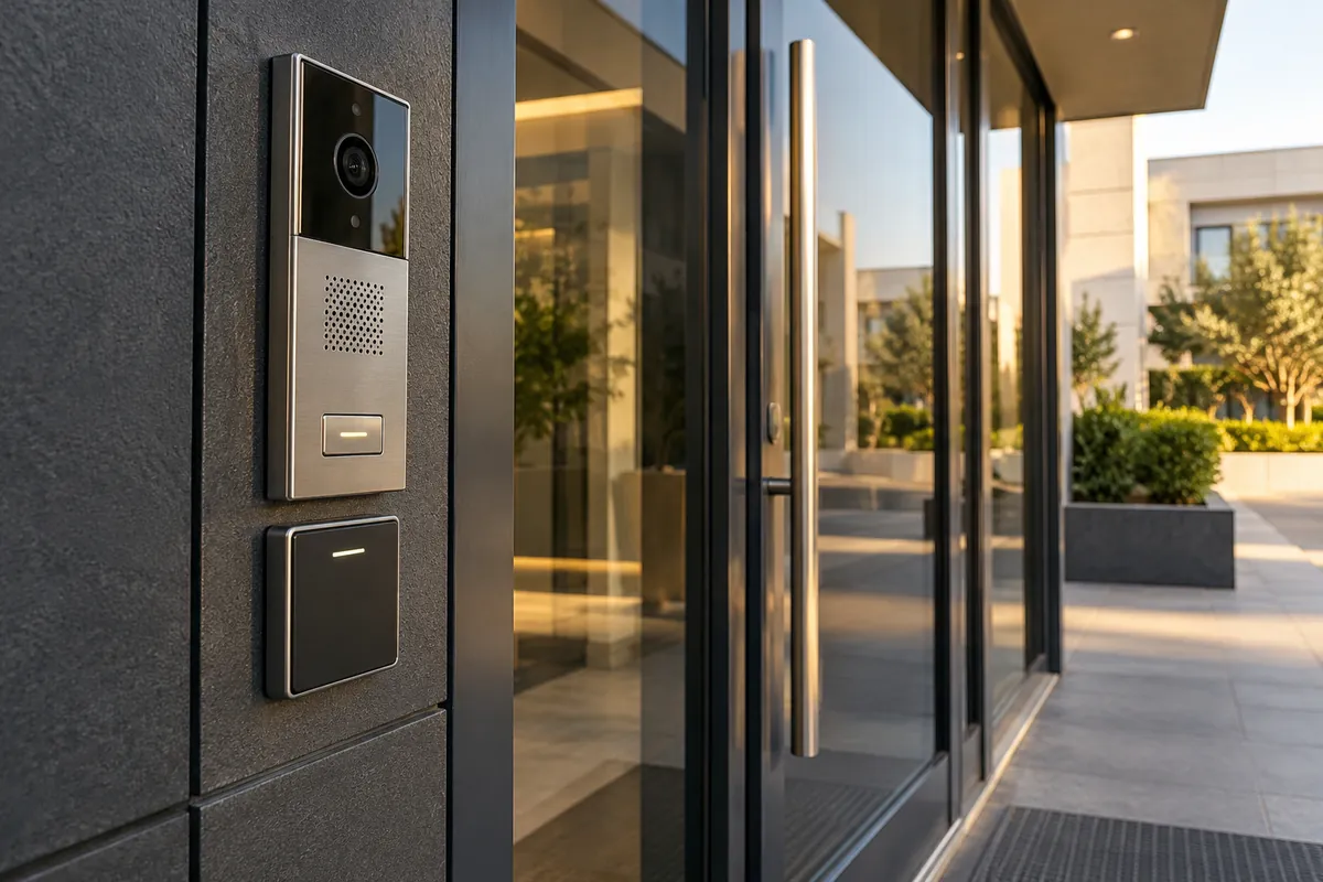Immagine illustrativa: il videocitofono e il lettore di accesso accanto alla porta a vetri di un edificio