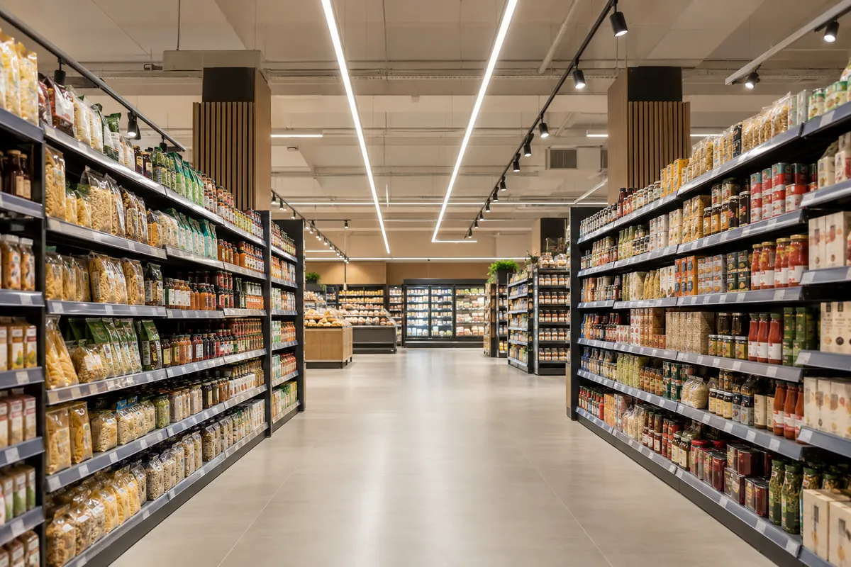 Immagine illustrativa: la corsia di un supermercato illuminata da linee di luce a soffitto