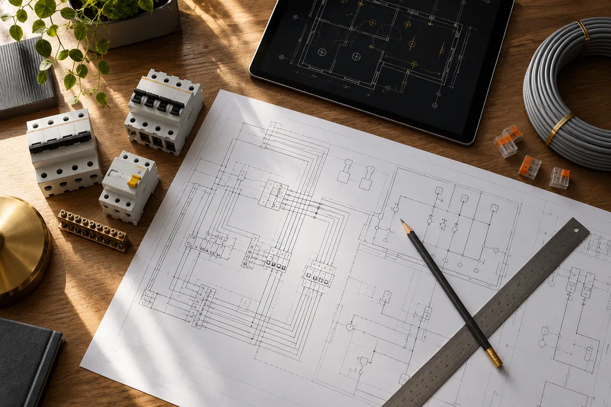 Immagine illustrativa: lo schema di un impianto elettrico sul tavolo, con righello, matita, tablet e interruttori modulari