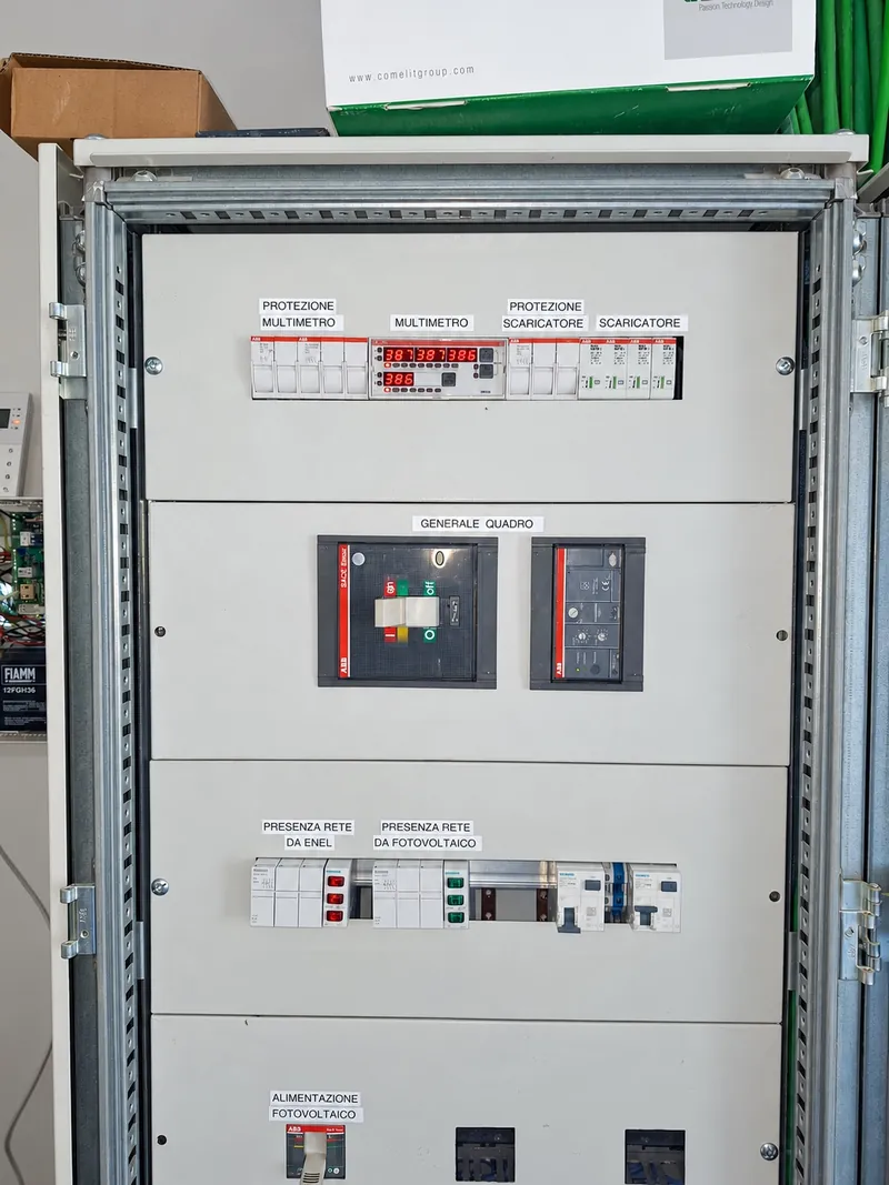 Quadro elettrico generale ABB con le etichette di rete Enel e fotovoltaico