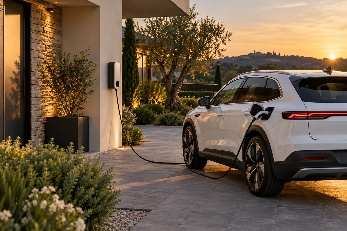 Immagine illustrativa: un'auto elettrica in carica con la wallbox a muro davanti a una casa