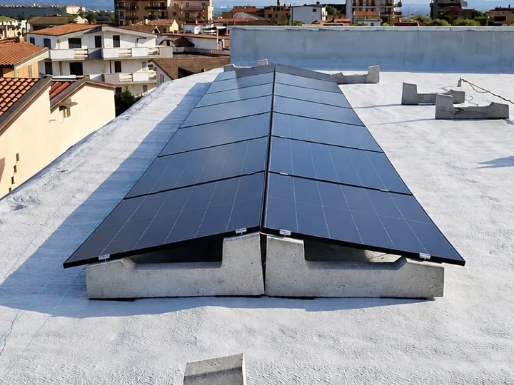Una fila di pannelli fotovoltaici su zavorre in cemento, sul tetto bianco