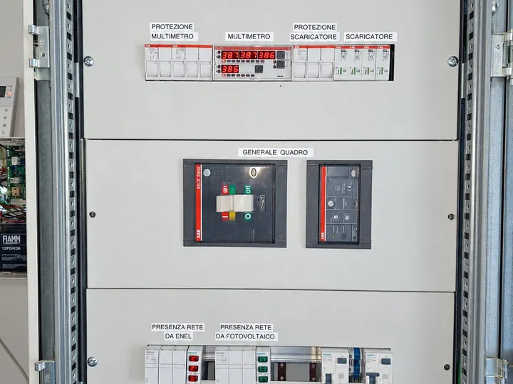 Il quadro generale ABB con le etichette Multimetro, Generale quadro e Presenza rete Enel e fotovoltaico